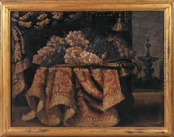 Still Life Of Grapes On A Tapestry Covered Table Oil Painting by Francesco (Il Maltese) Fieravino