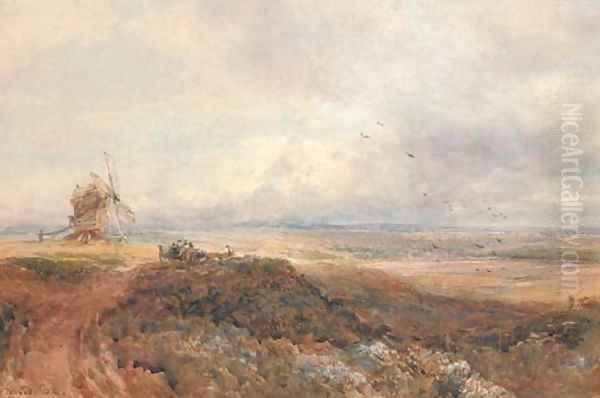 An old windmill and travellers on a moor Oil Painting by David Cox