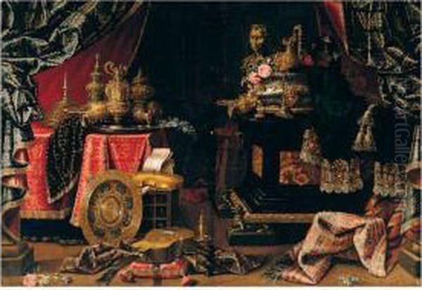 A Still Life Of Silver And Gilt 
Objects Including A Basin, Ewers, A Wine Cooler And A Candlestick, 
Together With A Violin, Guitar, Musical Score, Mirror, And A Classical 
Bust Upon A Table And Casket, In An Interior Draped With Carpets And 
Richly E Oil Painting by Francesco (Il Maltese) Fieravino