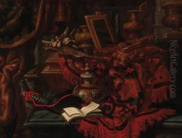 Violins, Ornamental Vases, A 
Mirror And A Book Of Music On Apartially Draped Ledge In An Interior Oil Painting by Francesco (Il Maltese) Fieravino