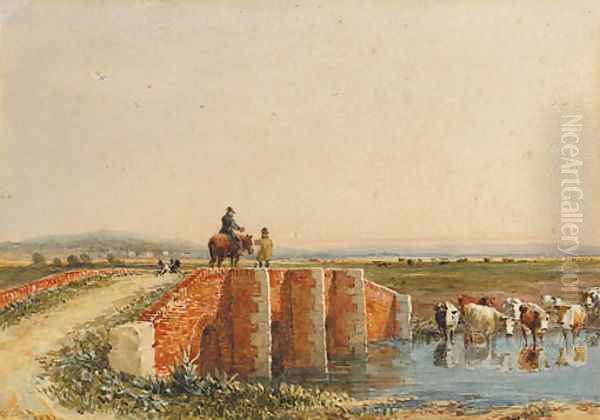 Figures crossing a bridge, cattle watering below Oil Painting by David Cox