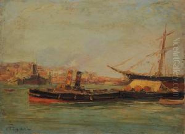 Rimorchiatore E Barche Nel Porto Di Genova Oil Painting by Andrea Figari