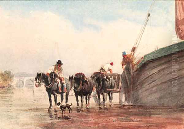 Unloading a boat on the Thames at low tide, London Oil Painting by David Cox