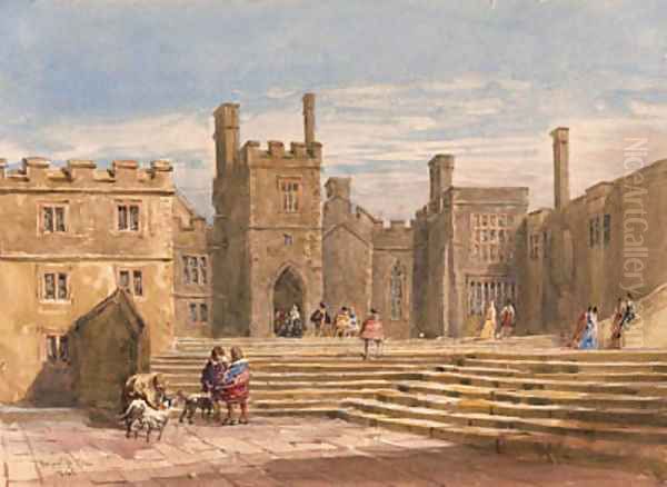 Figures in historical costume before Haddon Hall, Derbyshire Oil Painting by David Cox