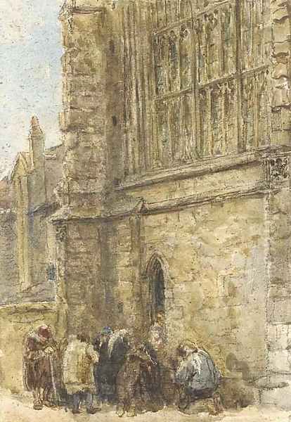 Figures receiving alms at the church door Oil Painting by David Cox