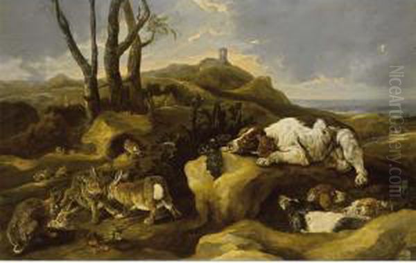 Spaniels Stalking Rabbits In The Dunes, A View Of The Sea Beyond Oil Painting by Joannes Fijt