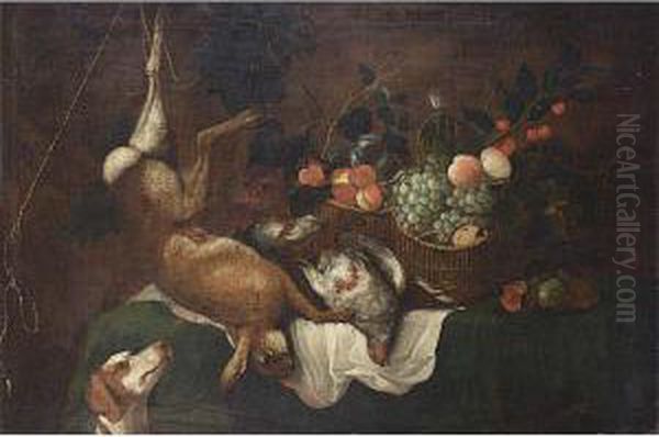 A Hunting Still Life With A 
Hare, A Partridge And Fruit In Baskets, All On A Table Draped With A 
Green Cloth, A Dog In Front Oil Painting by Joannes Fijt