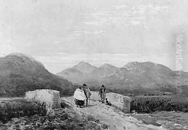 Figures crossing a Bridge in a mountainous Landscape Oil Painting by David Cox