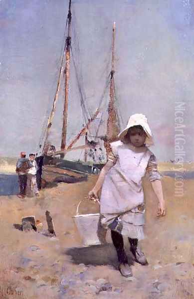 A Breton Fisher Girl Oil Painting by Hector Caffieri