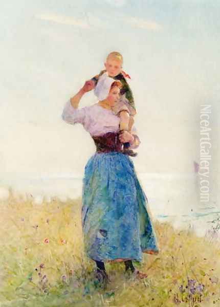 Woman and Child in a Meadow Oil Painting by Hector Caffieri