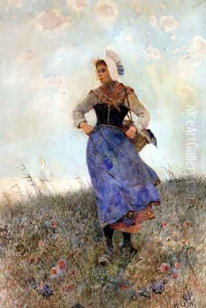 Breton Fishergirl Oil Painting by Hector Caffieri