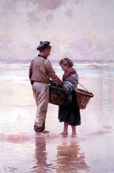 Breton Fisherchildren Oil Painting by Hector Caffieri