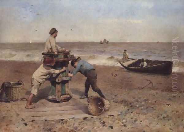 Children Playing on the Beach Oil Painting by Hector Caffieri