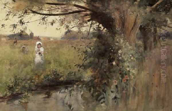 Collecting flowers by the Stream Oil Painting by Hector Caffieri