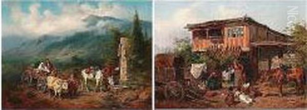 A Pair Of Genre Paintings 
Depicting Caucasian Scenes, Including Travellers Stopping By A Water 
Well And Gipsies Bartering Oil Painting by Konstantin Nikolaevich Filipov