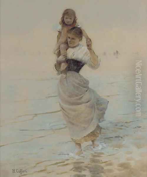 A mother carrying her child through the shallows Oil Painting by Hector Caffieri