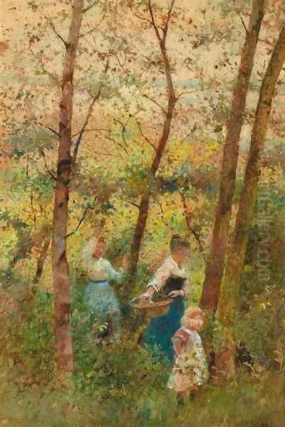 Gathering berries in a wood Oil Painting by Hector Caffieri