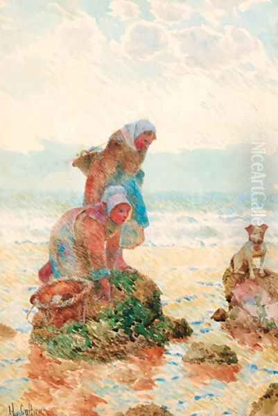 Figures on a beach gathering mussels with a dog Oil Painting by Hector Caffieri