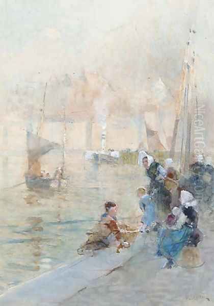 Fisherwomen with their children on the quayside Oil Painting by Hector Caffieri