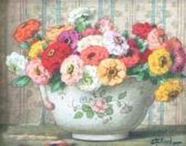 Still Life Of Flowers In A Ceramic Bowl Oil Painting by Ernest Filliard