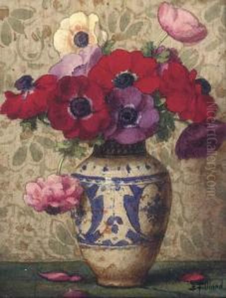 Pansies In A Blue And White Vase Oil Painting by Ernest Filliard