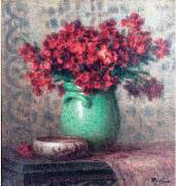 Bouquet De Fleurs Dans Un Pot Vert Oil Painting by Ernest Filliard