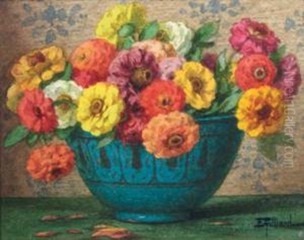 Zinnia's In A Vase; Roses In A White Vase Oil Painting by Ernest Filliard