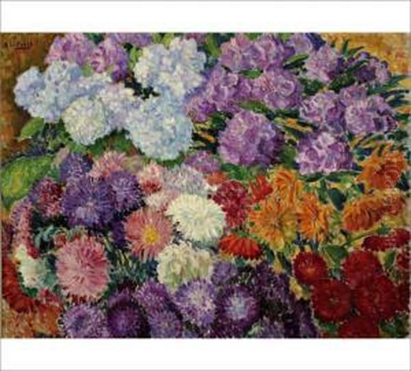 A Still Life With Hydrangea, Rhododendron, Aster And Chrysanthemum Oil Painting by Alfred William Finch