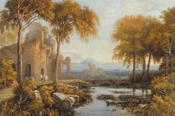 Figures And A Horse Beneath A Ruined Castle Oil Painting by Francis Oliver Finch