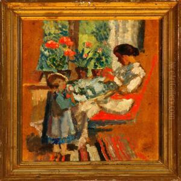 An Interior With Motherand Child Doing Needlework Oil Painting by Ludvig Find