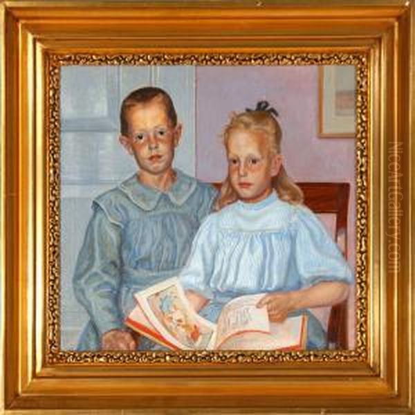 A Double Portrait Of Thesiblings Else And Aage Richter Oil Painting by Ludvig Find