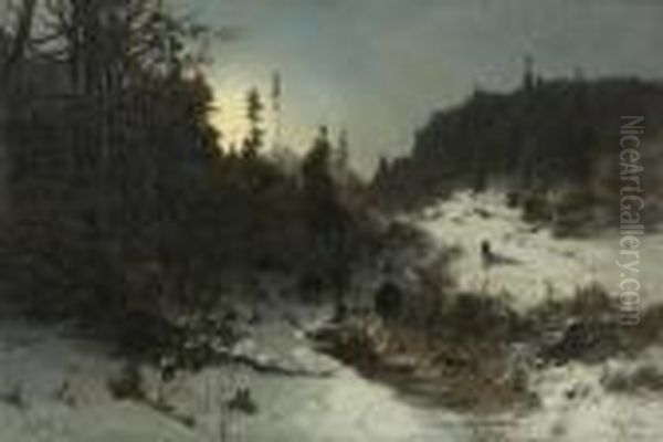 Wildschweinrotte Im Nachtlichen
 Winterwald. Oil Painting by August Fink