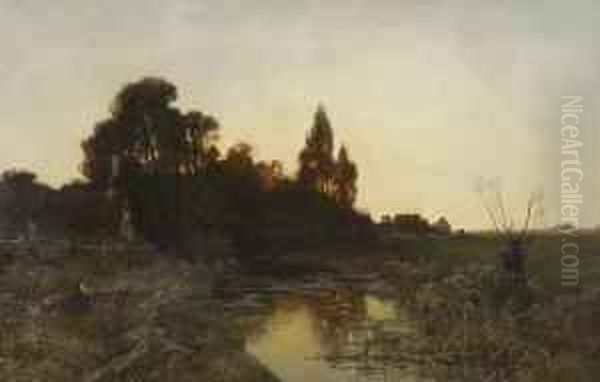 Abendstille Bei
 Sonnenuntergang: Oil Painting by August Fink