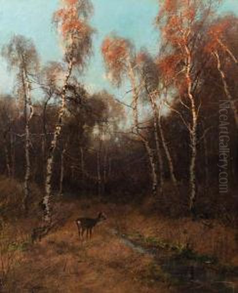 A Birch Forest With A Deer By A Stream Oil Painting by August Fink