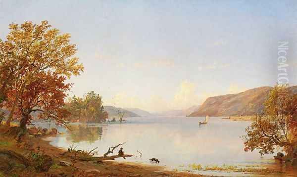 Artist Sketching on Greenwood Lake Oil Painting by Jasper Francis Cropsey