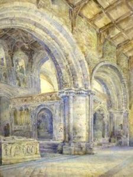 Interior Of A Crypt, Under Large Norman Arches Oil Painting by Herbert John Finn