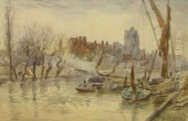 Canal Scene With Boats Unloading Oil Painting by Herbert John Finn