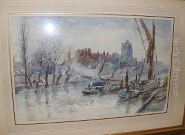 River Scene With Figures Unloading Barges Oil Painting by Herbert John Finn