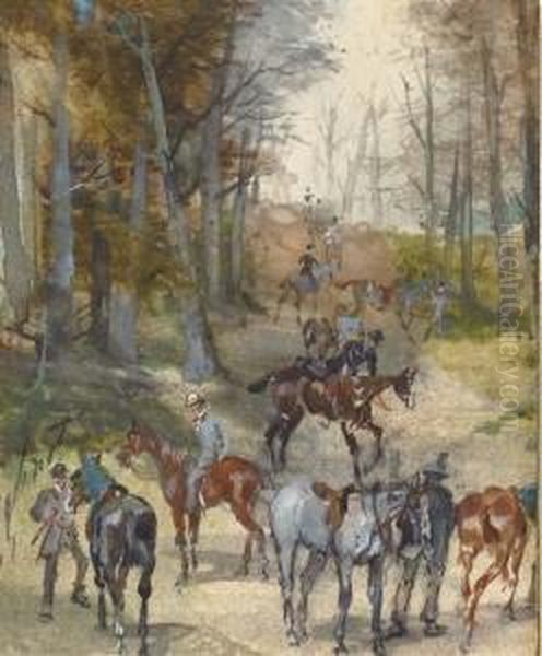 Des Cavaliers Montant Dans Un Sous-bois Pendant Un Chasse A Courre Oil Painting by Jules, Baron Finot