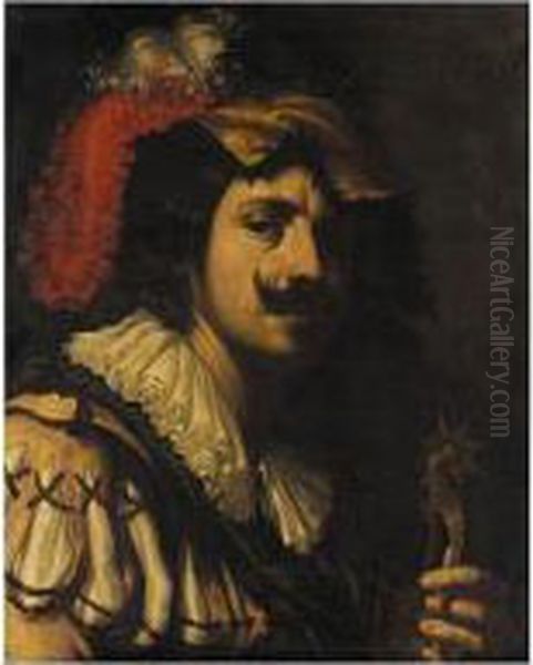 A Portrait Of A Cavalier, Head And Shoulders, Holding A Set Of Spurs Oil Painting by Ludovicus Finsonius (see FINSON, Louis)