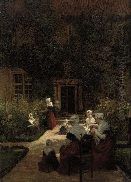 Amsterdam Orphan Girls In A Sunlit Garden Oil Painting by Walther Firle