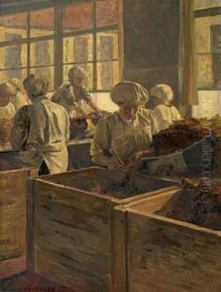 Workers Sorting The Tabacco Oil Painting by Walther Firle