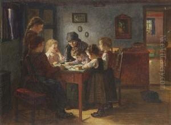 Eine Grosmutter Spielt Mit Ihren
 Enkelinnen In Der Stube. Oil Painting by Walther Firle