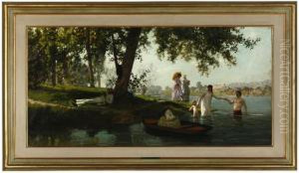 Figures In A Riverscape by Marie-Francois-Firmin Girard