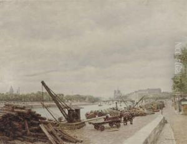 Activities On The Quay Of Ille St. Louis, Paris Oil Painting by Marie-Francois-Firmin Girard