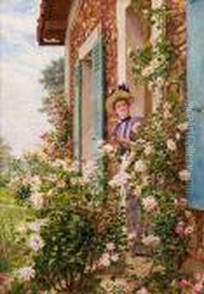 Jeune Femme Sur Le Perron Fleuri De Roses Oil Painting by Marie-Francois-Firmin Girard