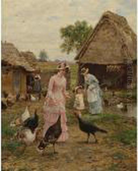 Feeding The Turkeys Oil Painting by Marie-Francois-Firmin Girard