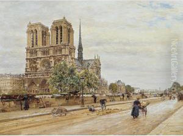 Notre Dame De Paris Et Marchande De Fleurs Oil Painting by Marie-Francois-Firmin Girard