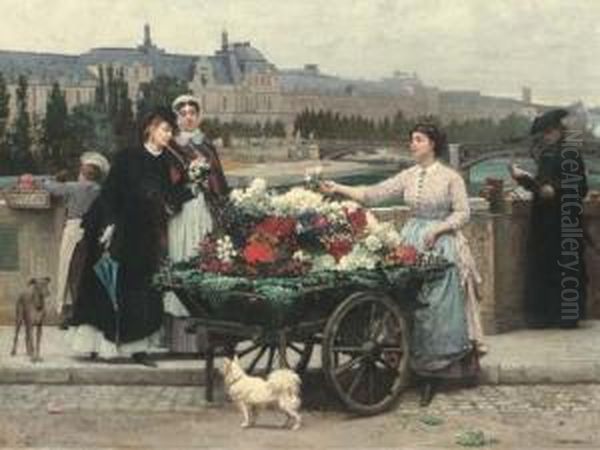 The Flower Seller On The Pont Royal With The Louvre Beyond,paris Oil Painting by Marie-Francois-Firmin Girard