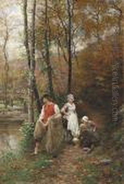 Fishing Along The Riverbank Oil Painting by Marie-Francois-Firmin Girard